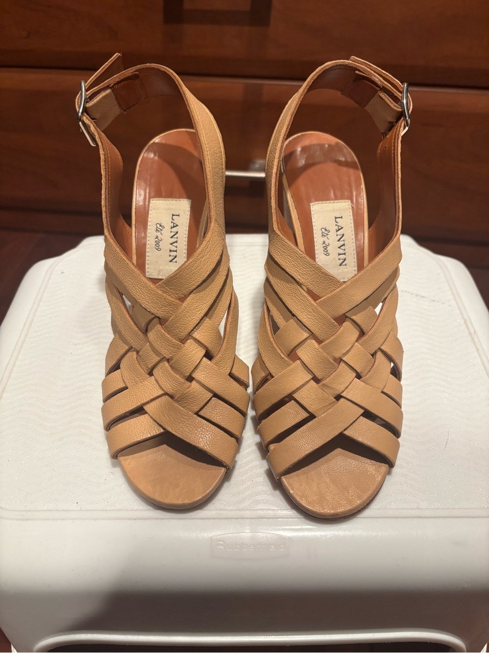 Lanvin Tan Leather Woven Slingback Sandals 2009 collection by Alber Elbaz